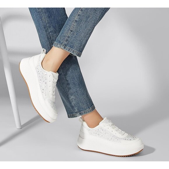 Lucky Step Women White Rhinestone Sparkly Chunky Retro Braided Casual Sneakers - Picture 9 of 9